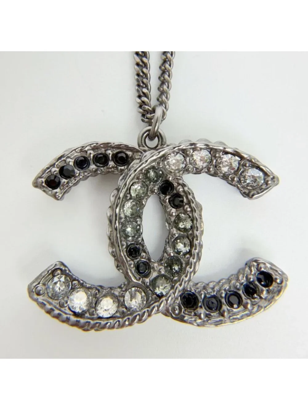 Chanel CC Logo Necklace Plated Rhinestone Silver Vintage